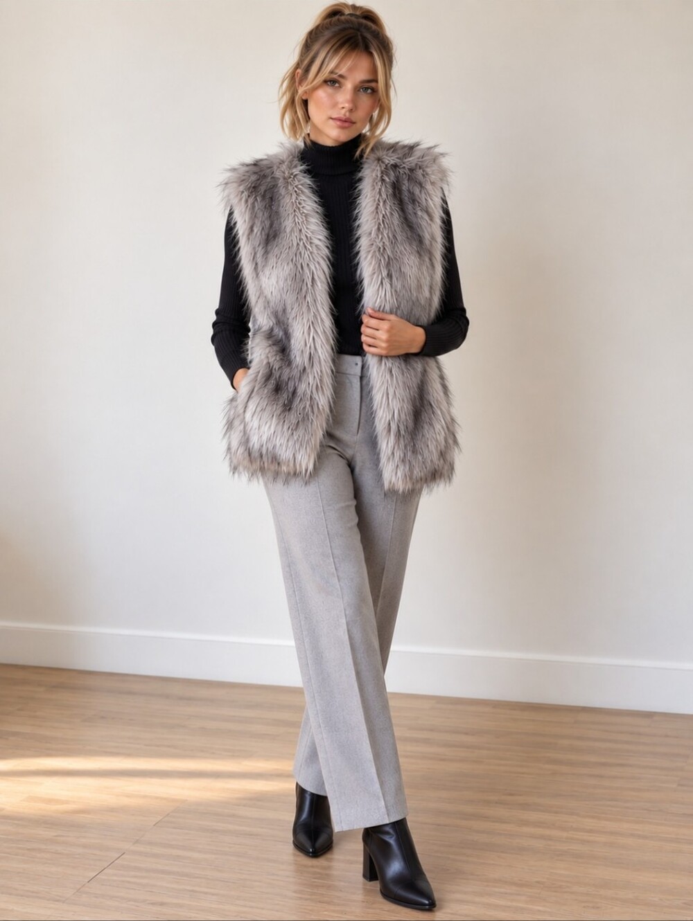 Forever 21 Quiet Luxury Modacrylic Faux Fur Vest — Gray-Taupe, Two Pockets